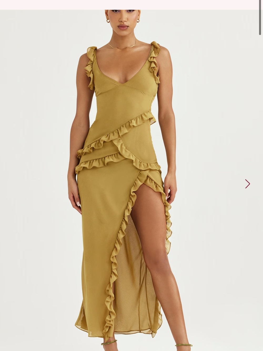 House of CB Mustard Ruffle-Trim High-Slit Maxi Dress